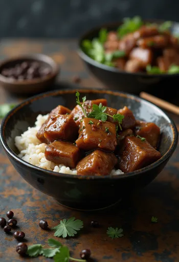 Pork adobo serveret med dampede ris