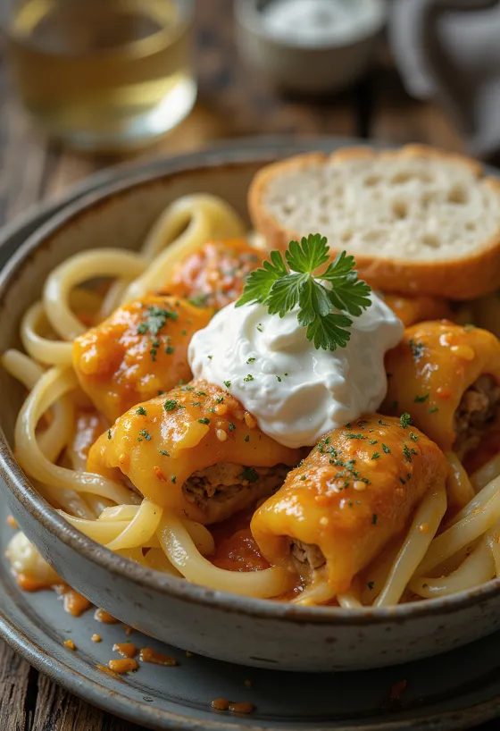 Fyldt kål, pakket i surkålsblade, fyldt med krydret hakket kød og ris, serveret i tomatsauce