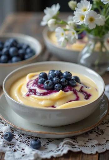 Blåbær-vaniljesauce serveret