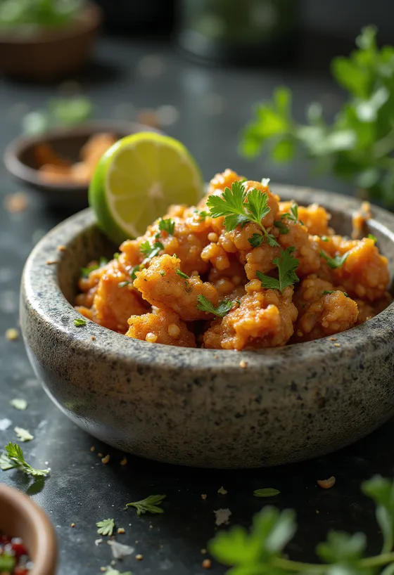 Ayam geprek med hvidløgssauce, pyntet med limeblad