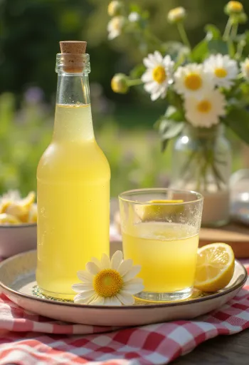 Hyldeblomstsaft med friske hyldeblomster og citronskiver