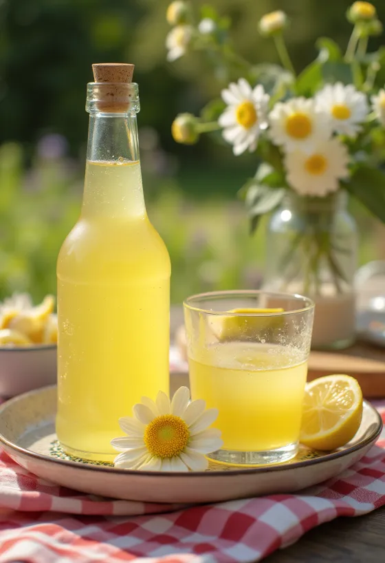 Hyldeblomstsaft med friske hyldeblomster og citronskiver