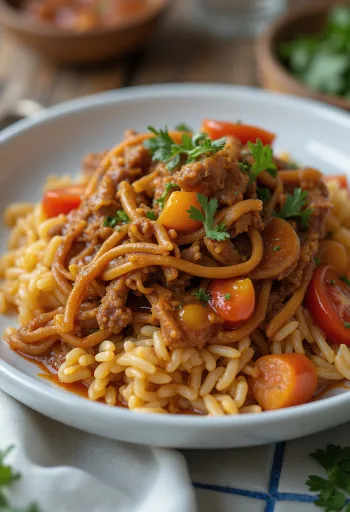 Carne Mechada serveret med arepa og ris