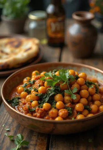 Chana masala med spinat, serveret med frisk koriander