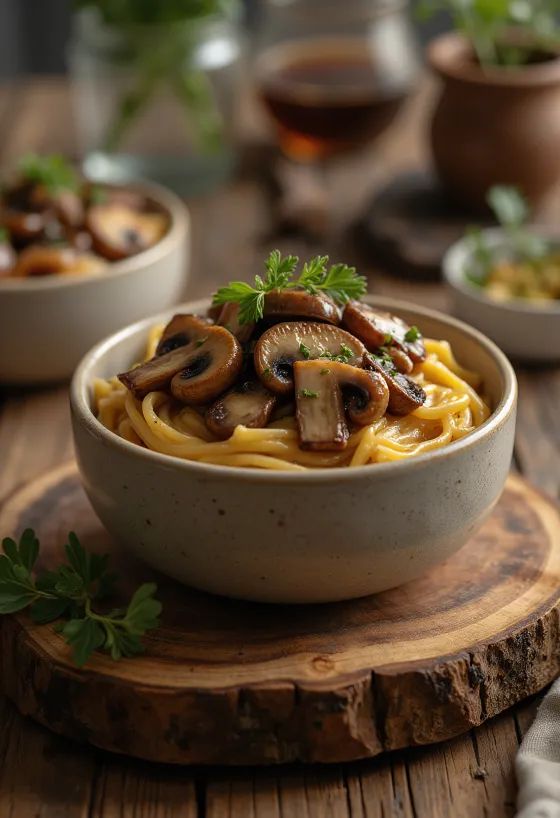 Svampe-balsamicosauce serveret med pasta