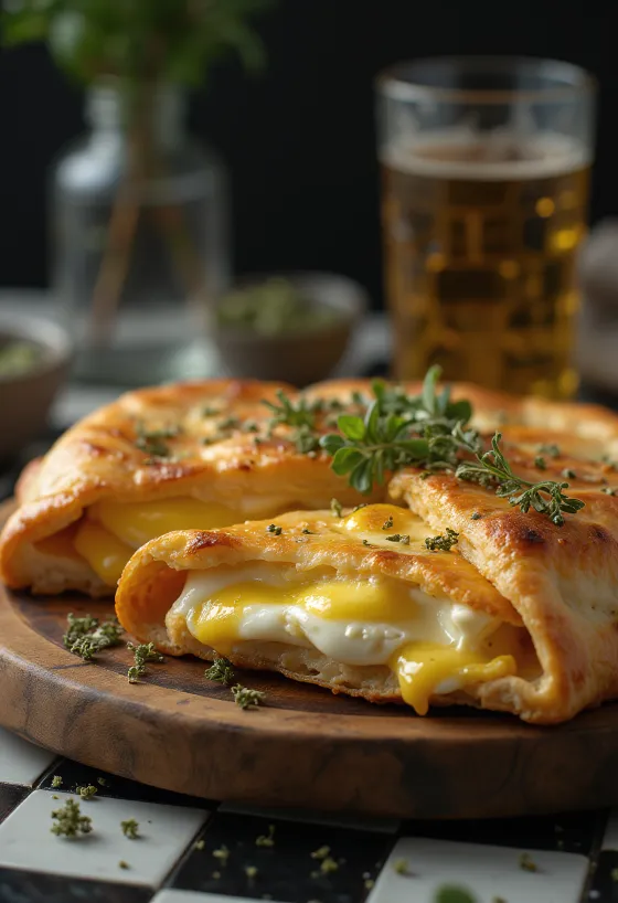 Calzone med auberginecreme serveret