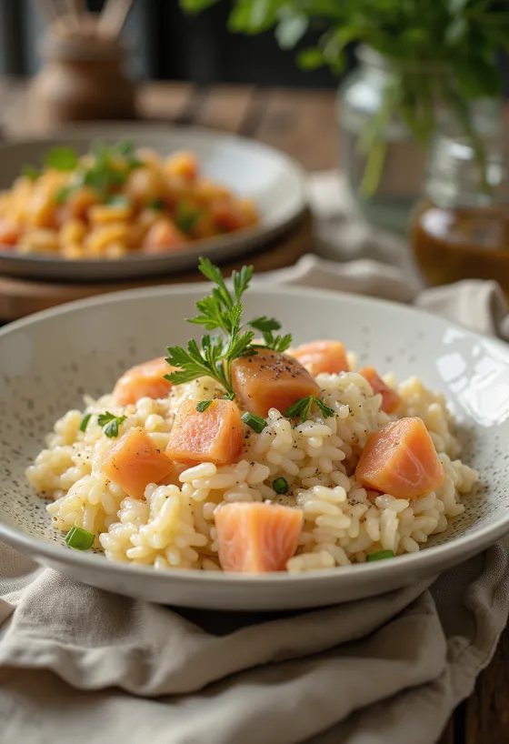 Risotto med laks, rig cremet risotto, pyntet med stegte laksestykker og persille