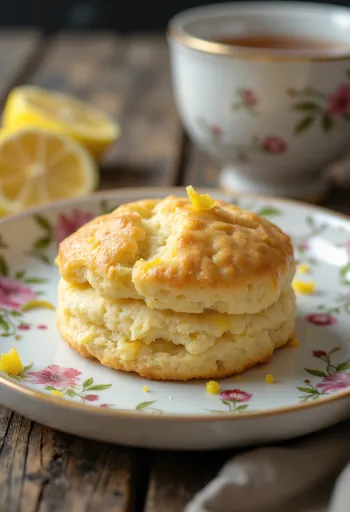 Scone med citron, serveret med frisk te, blød og gyldenbrun