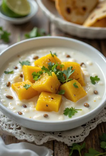 Tinda dahi, med yoghurt og koriander, pyntet med friske limeblade