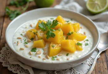 Tinda dahi, med yoghurt og koriander, pyntet med friske limeblade