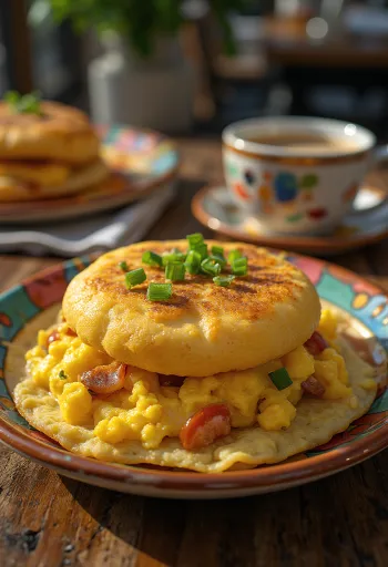 Arepa con Perico i koreansk stil serveret