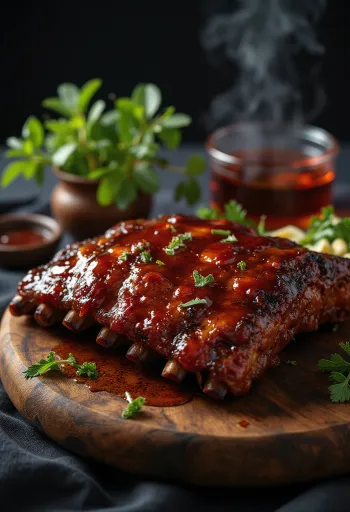 BBQ spareribs serveret med stegte kartofler og frisk salat