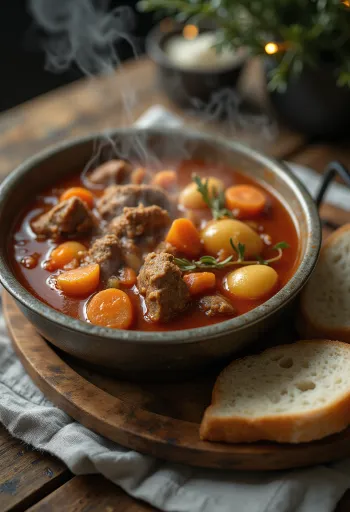 Kedelgullasch serveret rygende varm, rigt anrettet med frisk brød