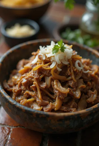 Carne Seca serveret med ris og frisk koriander