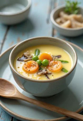 Chawanmushi med grøntsager, serveret med friske grøntsager