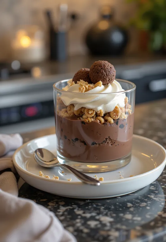 Chokolade dessert i glas med kugler serveret