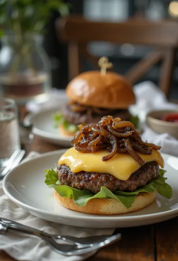 Fransk burger med camembertost og karamelliserede løg