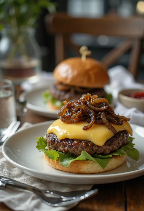 Fransk burger med camembertost og karamelliserede løg