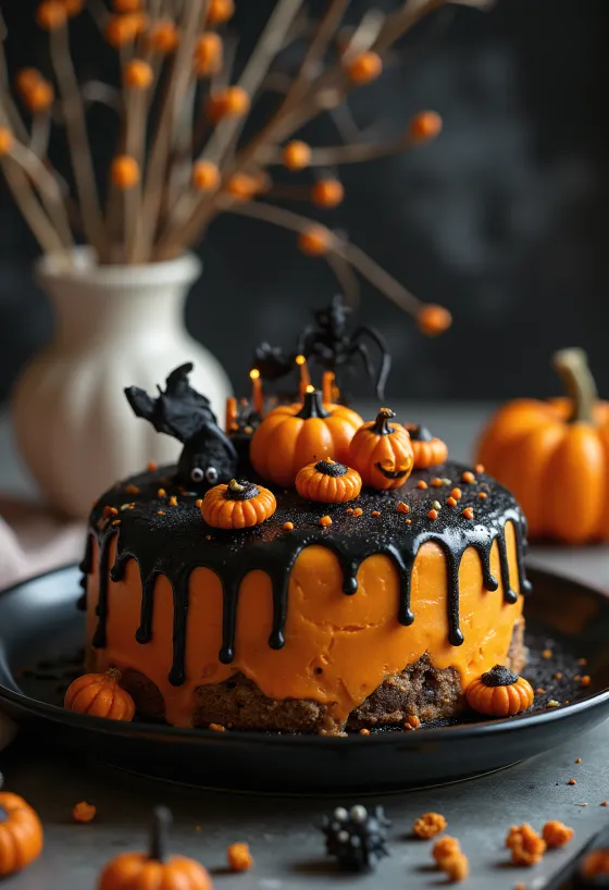 Halloween-kage med orange fondant og sort dekoration