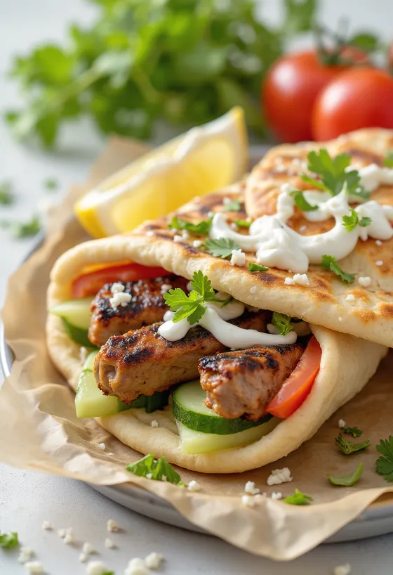Kebab i pita serveret