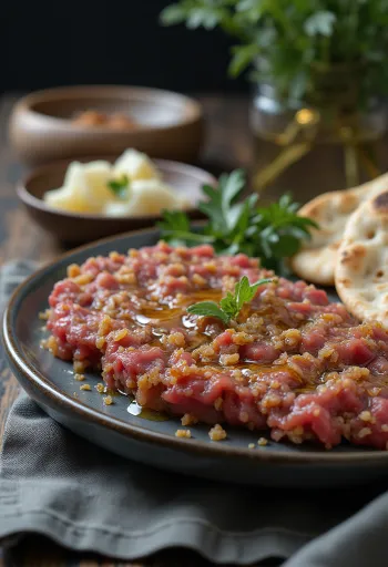 Kibbeh Nayyeh rå kødforret på mellemøstlig vis serveret