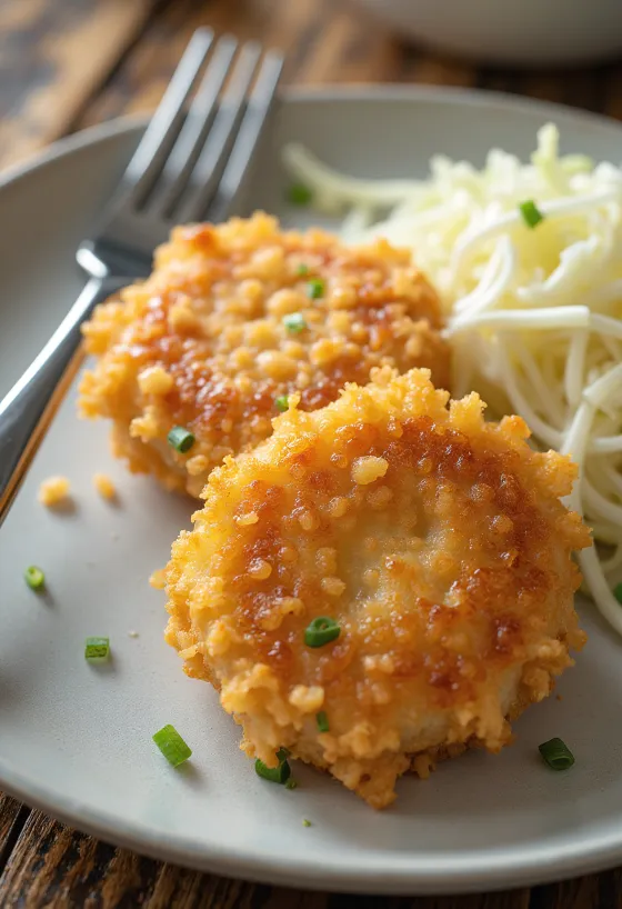 Menchi Katsu med kål, stegt kødbøf i sprød panering serveret med kålsalat