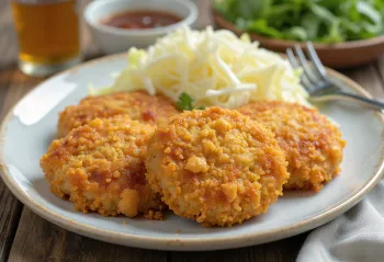 Menchi Katsu med kål, stegt kødbøf i sprød panering serveret med kålsalat