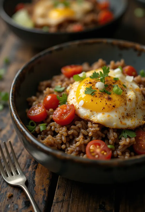 Nasi Goreng med Tomat, serveret med rige krydderier og frisk tomat