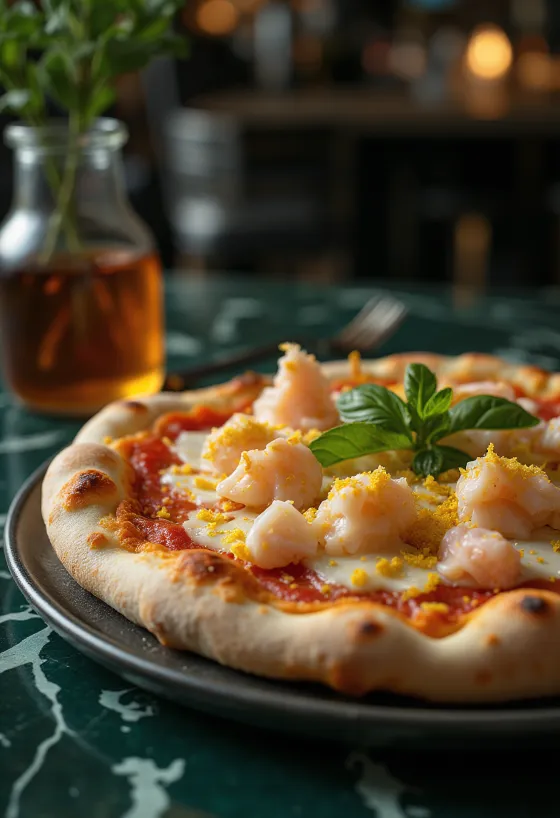 Pizza med krabbe, mozzarella og persille