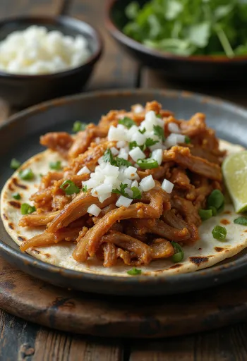 Pork carnitas serveret i varme tortillas