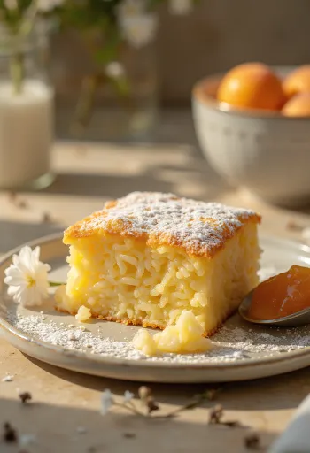 Rissoufflé bagt gyldenbrun, drysset med flormelis og serveret med frugtmarmelade