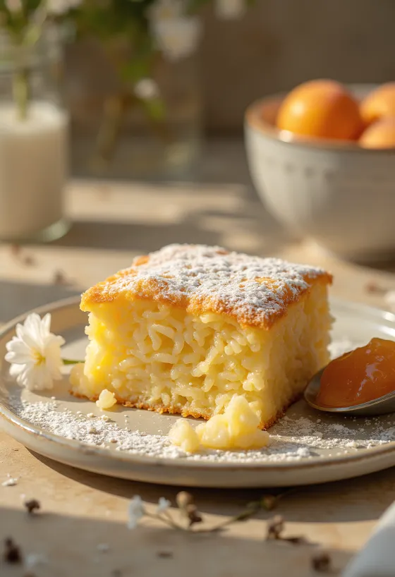 Rissoufflé bagt gyldenbrun, drysset med flormelis og serveret med frugtmarmelade