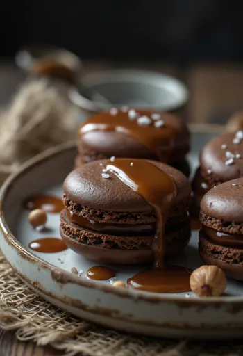 Macarons med saltkaramel og hasselnøddecreme serveret