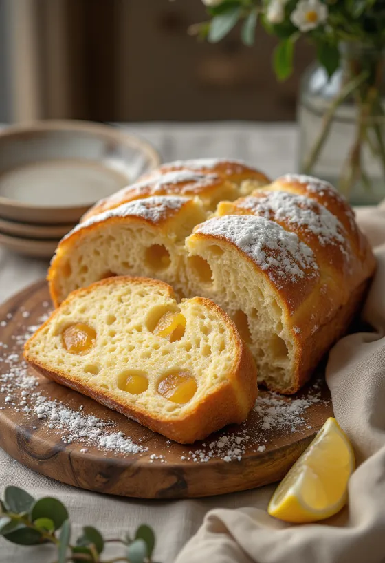 Stollen med kvæde i skiver, drysset med flormelis