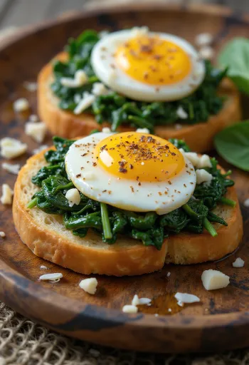Bruschetta med æg og spinat serveret frisk