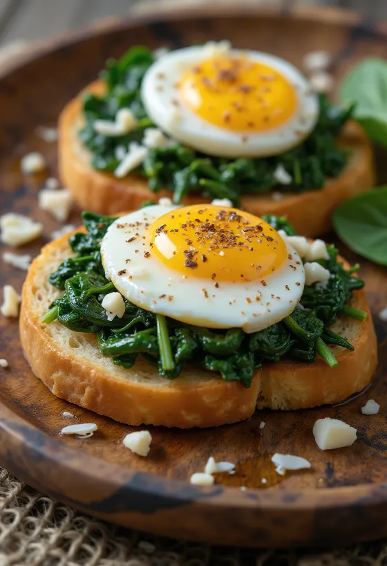 Bruschetta med æg og spinat serveret frisk