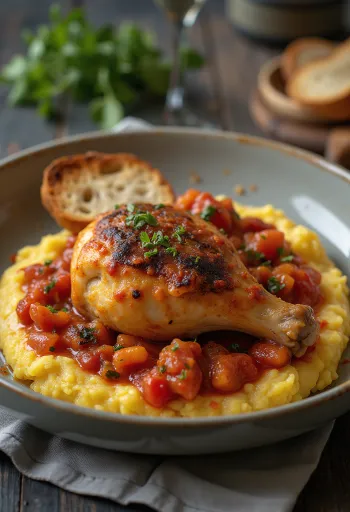 Cacciatore serveret med polenta, med tomatsauce og frisk basilikum