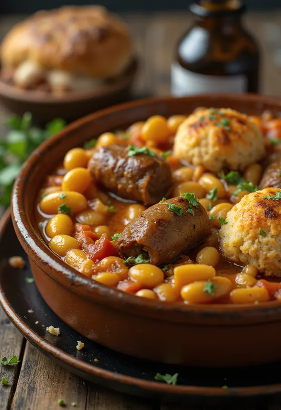 Cassoulet med lammekød, gryderet med bønner og pølse