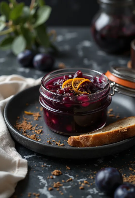 Mørk lilla blommechutney i glas