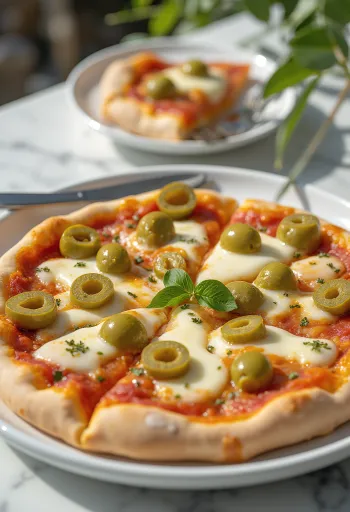 Pizza con Olive Verdi med grønne oliven og mozzarella