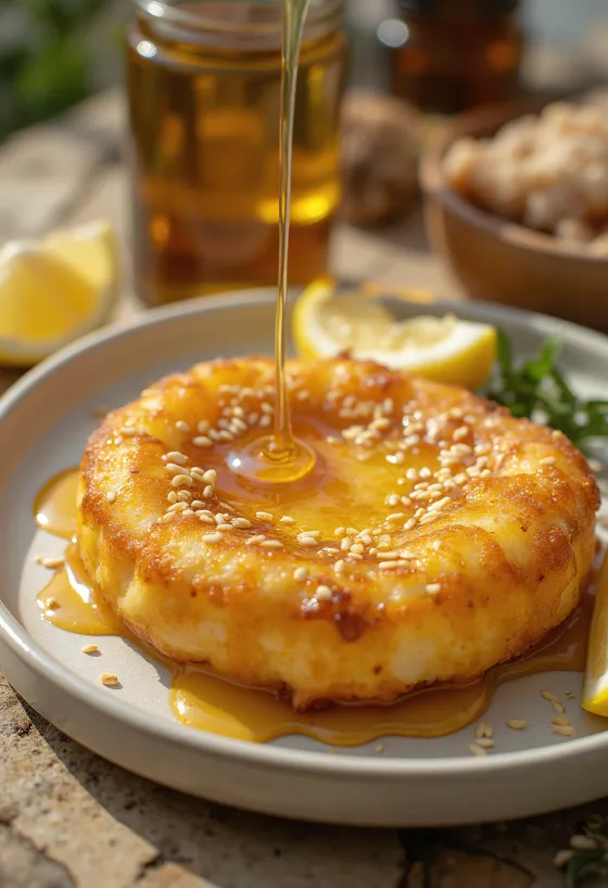 Saganaki serveret med honning dryppet over og drysset med sesamfrø