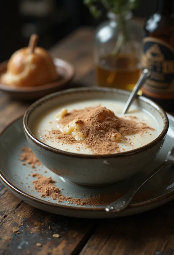 Cremet mannagrynsgrød drysset med kakao, serveret med friske frugter.