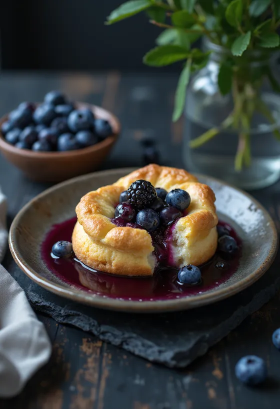 Vanilje-blåbærsoufflé serveret