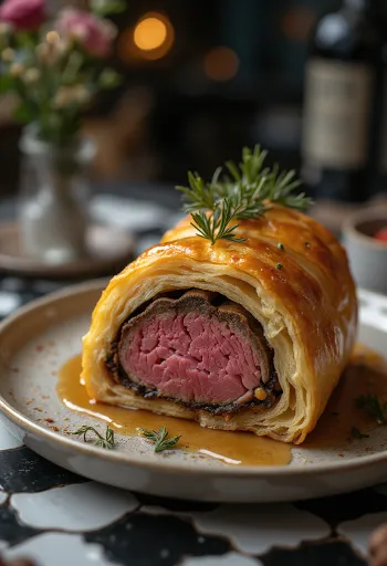 Beef Wellington skåret i skiver, serveret med friske grøntsager