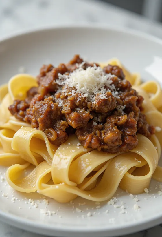 Vildsvineragout med pappardelle serveret på en rustik tallerken.