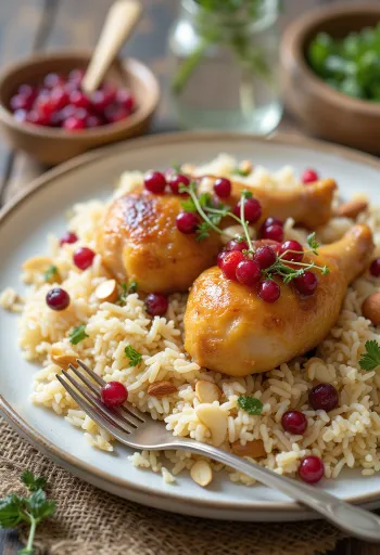 Zereshk Pulao, rige ris serveret med kylling, zereshk bær og mandler