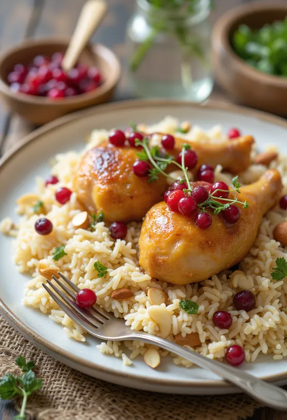 Zereshk Pulao, rige ris serveret med kylling, zereshk bær og mandler